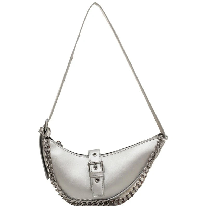 Thick Chain Saddle Shoulder Bag PU Leather Handbag Crossbody Bag