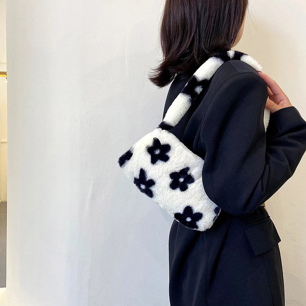 Fluffy Flower Print Shoulder Bag