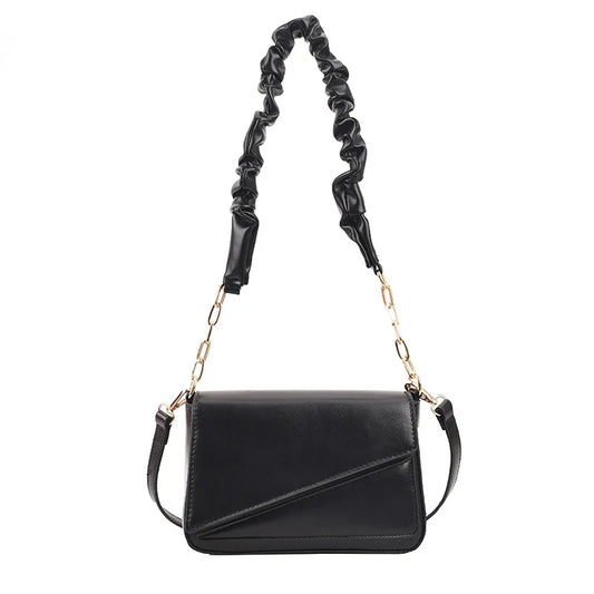 Flap Shoulder Bag PU Leather Women Handbag Ruched Handle Crossbody