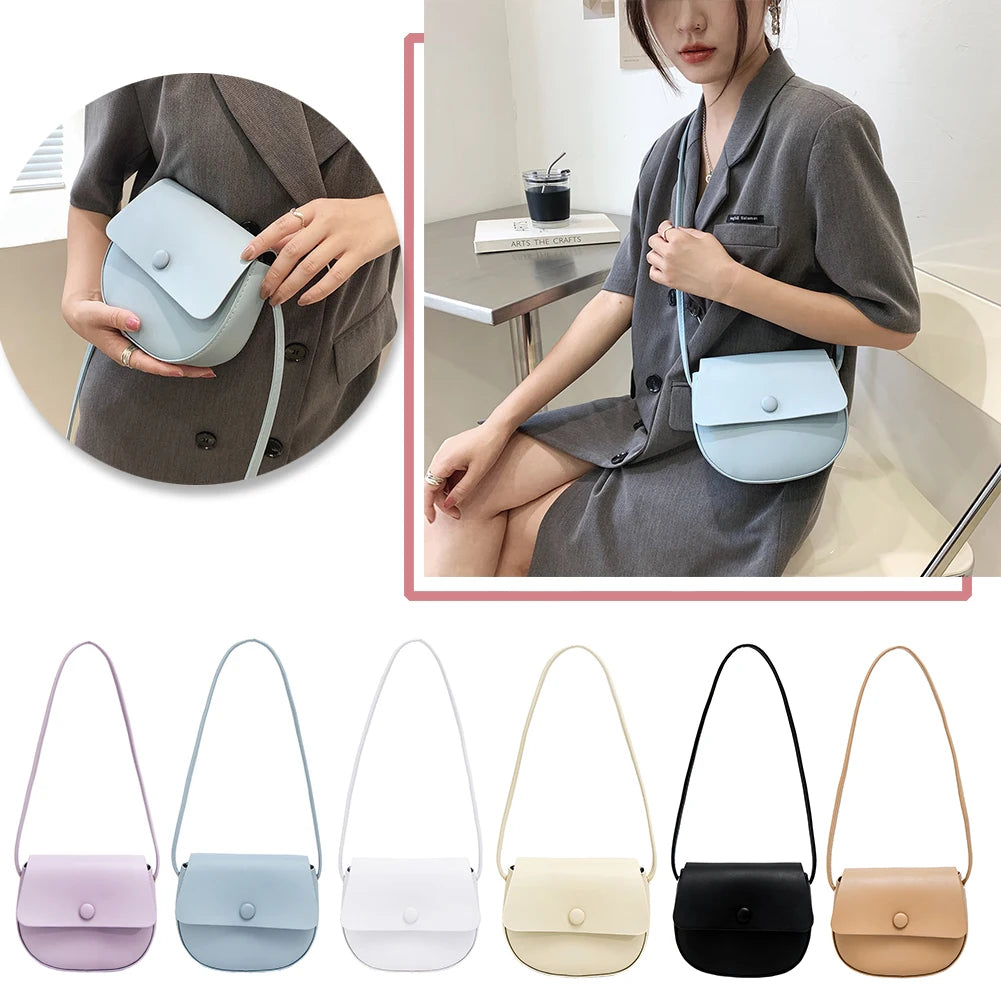 Solid Leather Women Saddle Bag Flap Small Shoulder Purse Handbags