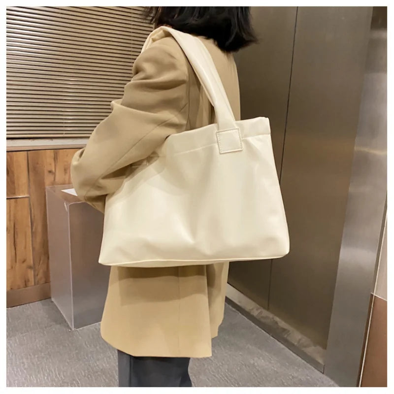 Solid Women Large Capacity PU Leather Handbag Totes