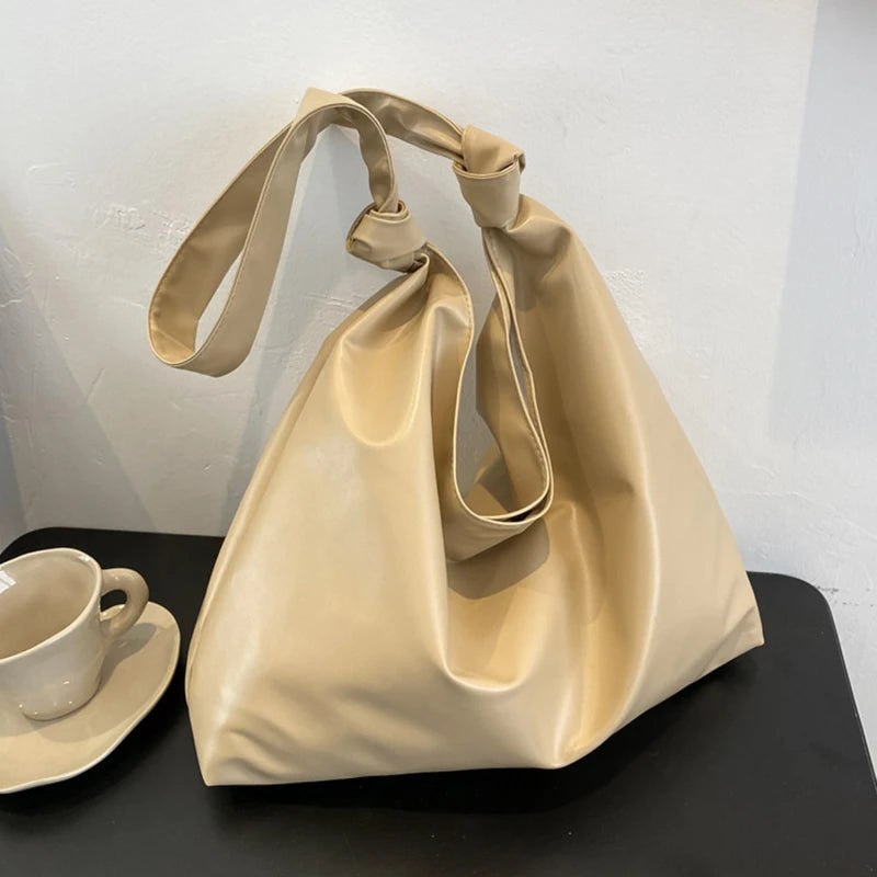 Solid Women Large Capacity PU Leather Tote Handbag