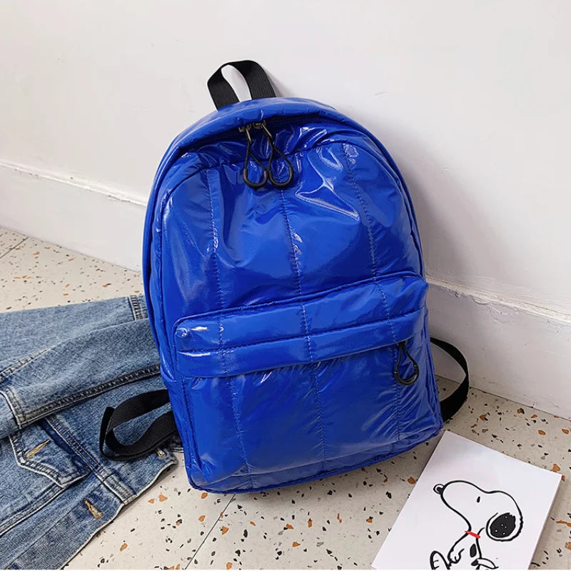 Quilted Fluffy Women Backpack Winter School Bag Lady Nylon Padded Bag