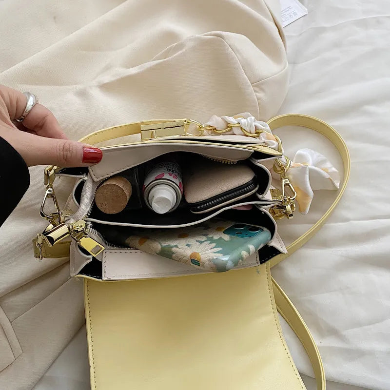 Square Leather Crossbody Bag with Silk Scarf Decoration