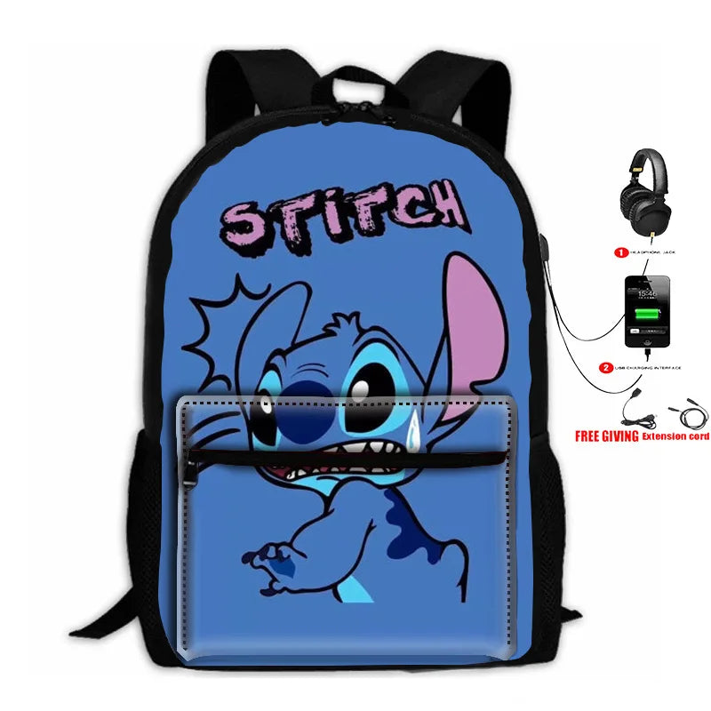 Stitch USB Charging Backpack Casual Waterproof Fabric Laptop Backpack