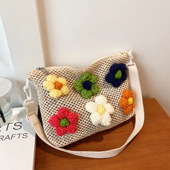 Woven Straw Beach Bag Rattan Handbag Floral Travel Messenger Bag