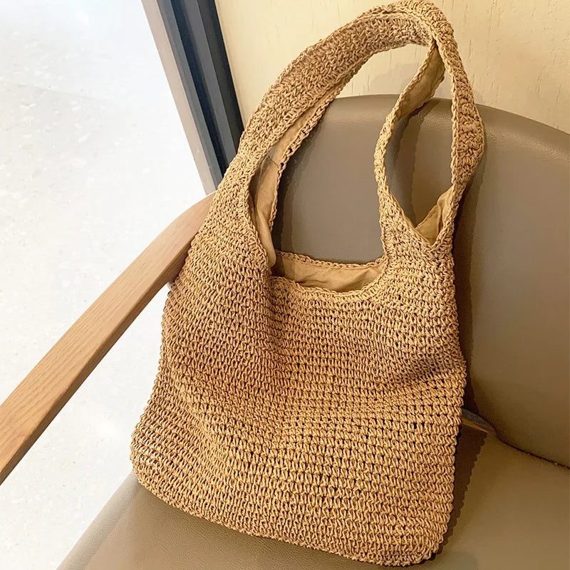 Vintage Woven Straw Beach Bag Shoulder Handbags Large Capacity Summer Tote
