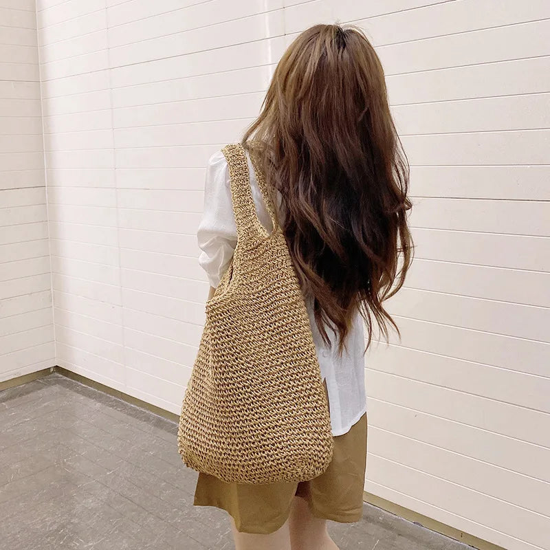 Vintage Woven Straw Beach Bag Shoulder Handbags Large Capacity Summer Tote
