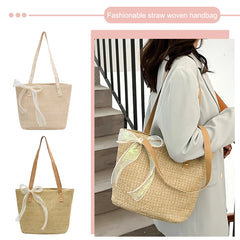 Straw Women Handbag Large-capacity Weave Lace Bow Shoulder Bag