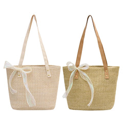 Straw Women Handbag Large-capacity Weave Lace Bow Shoulder Bag