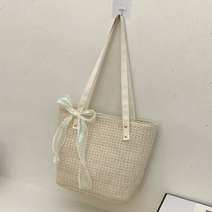 Straw Women Handbag Large-capacity Weave Lace Bow Shoulder Bag