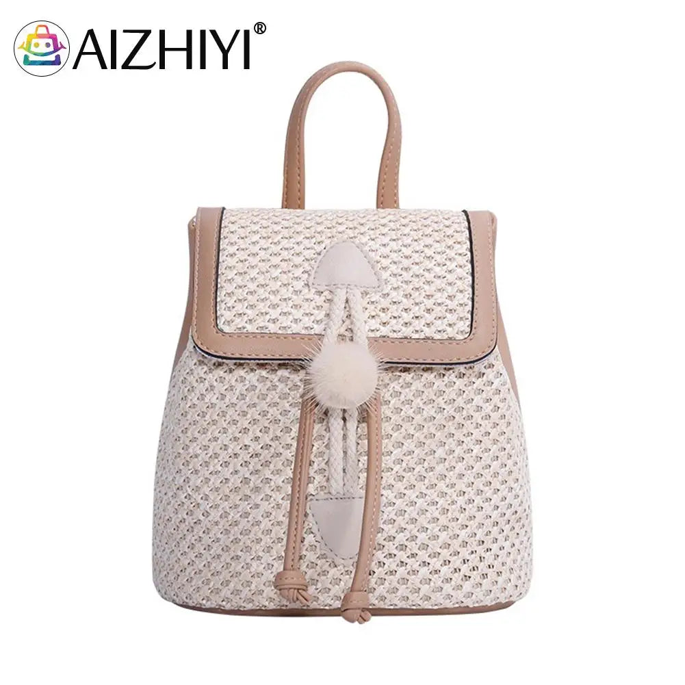 Hand-Woven Straw Women Shoulder Bag Backpack