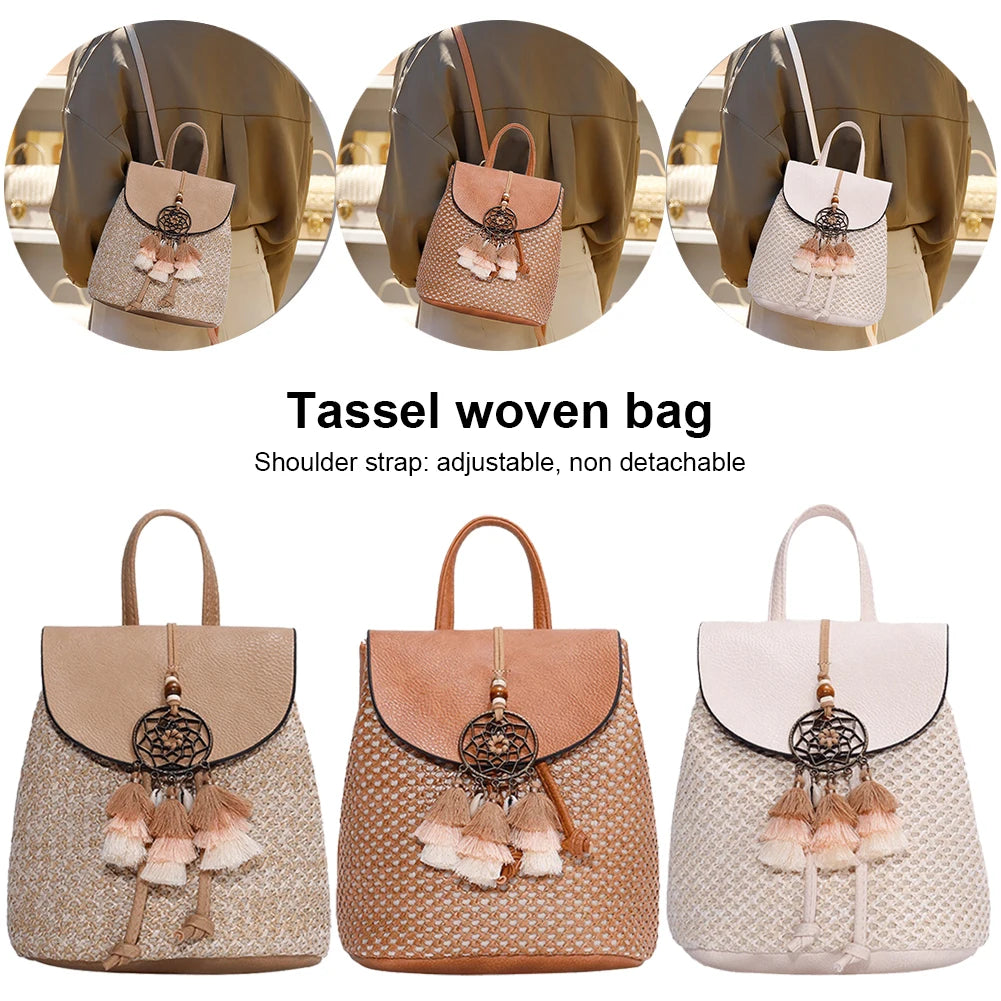 Straw Women Shoulder Bag Backpack Hand-Woven Female