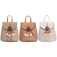 Straw Women Shoulder Bag Backpack Hand-Woven Female