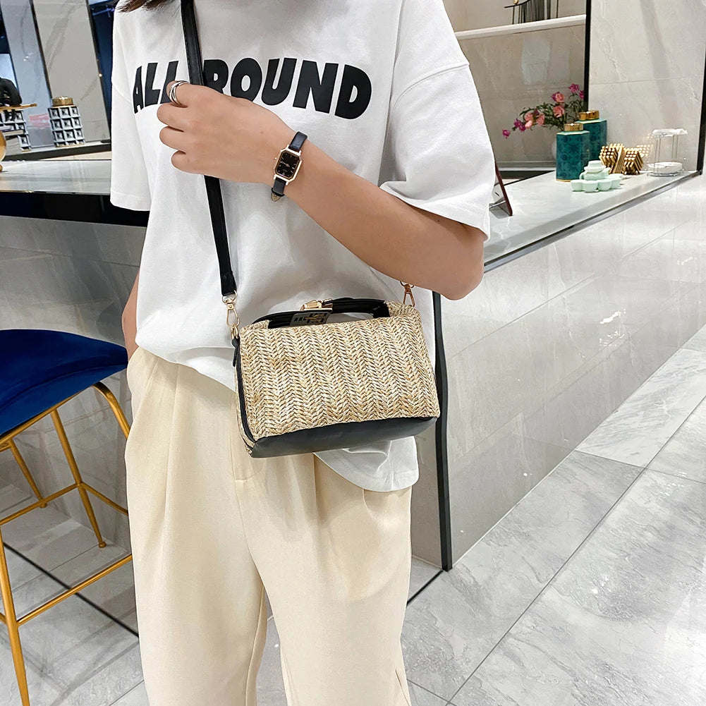 Straw Women Shoulder Bag PU Splicing Casual Messenger Pouch
