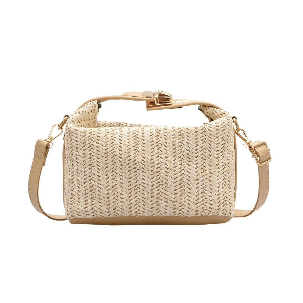 Straw Women Shoulder Bag PU Splicing Casual Messenger Pouch