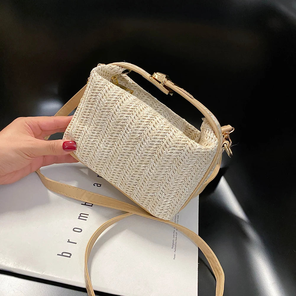 Straw Women Shoulder Bag PU Splicing Casual Messenger Pouch