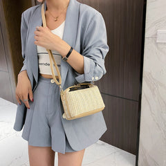 Straw Women Shoulder Bag PU Splicing Casual Messenger Pouch
