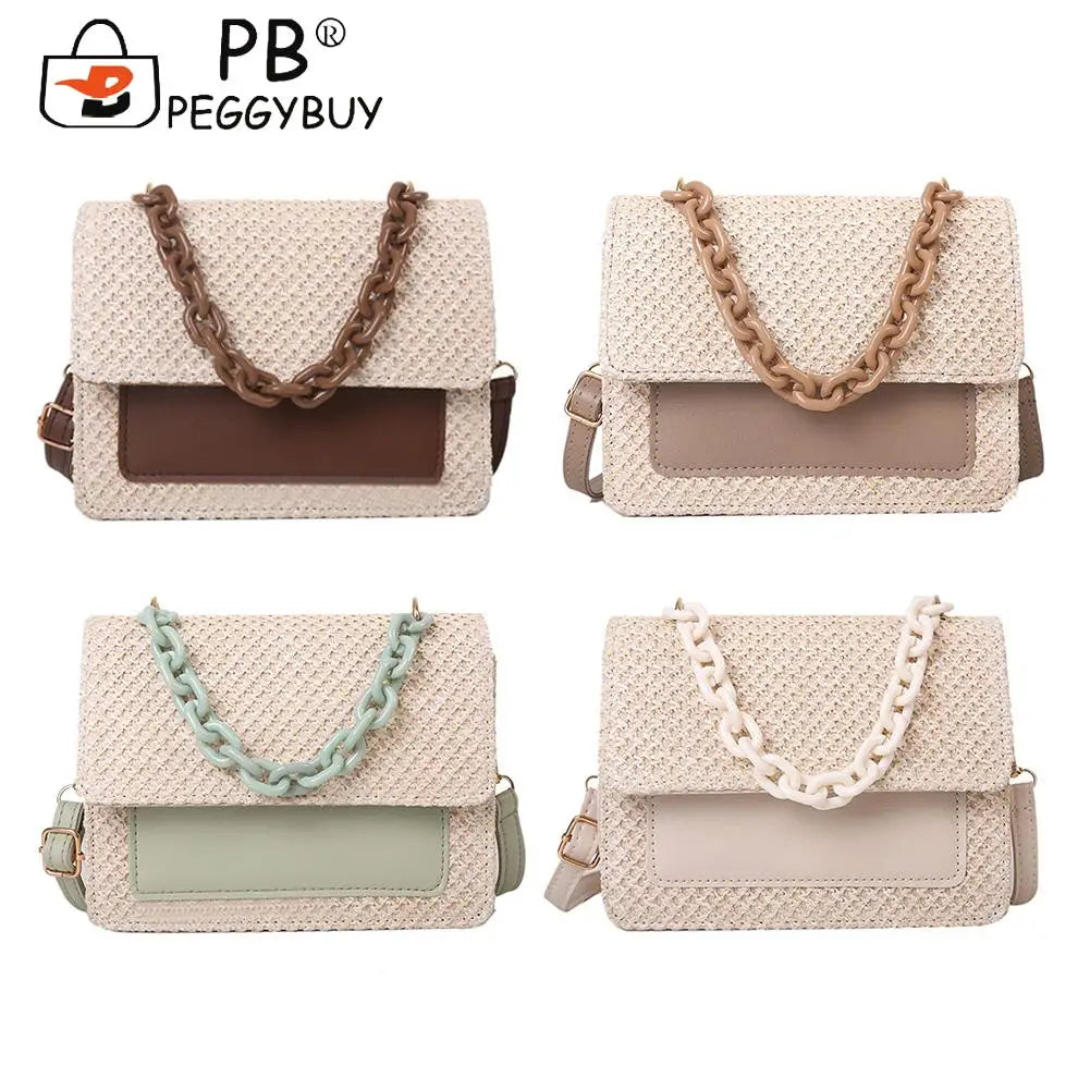 Straw Women Shoulder Messenger Bag Acrylic Chain for Shopping Leisure