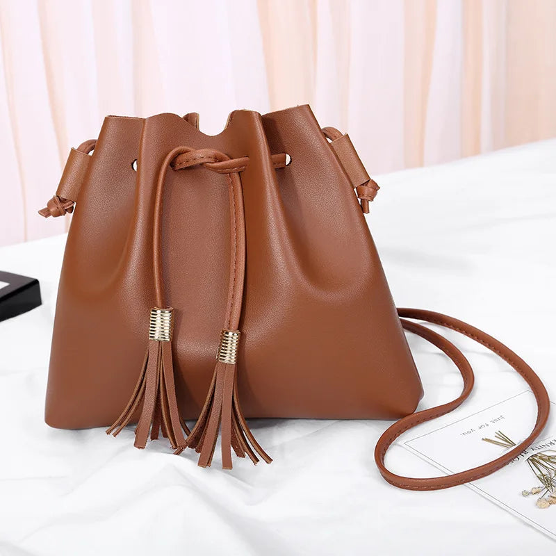 Tassel Bucket Bag Small Handbag PU Leather Shoulder Crossbody
