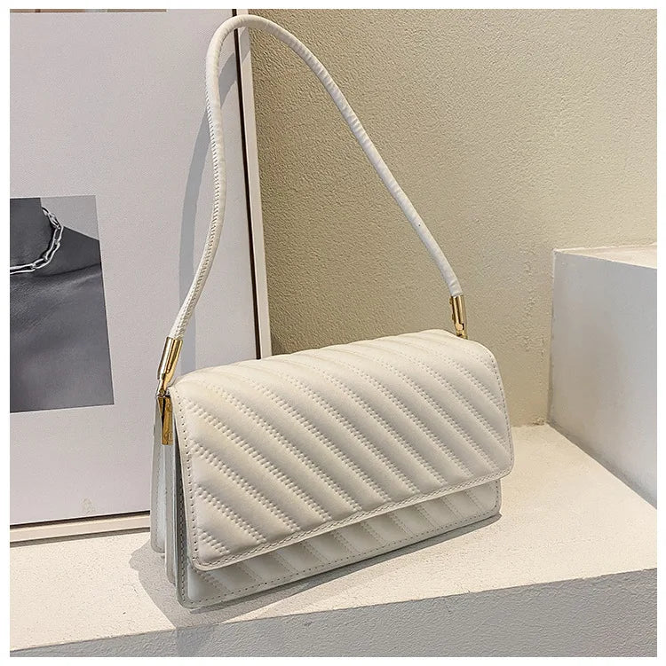 Striped Shoulder Bag Solid Pu Leather Lady Handbag Casual Women Bags