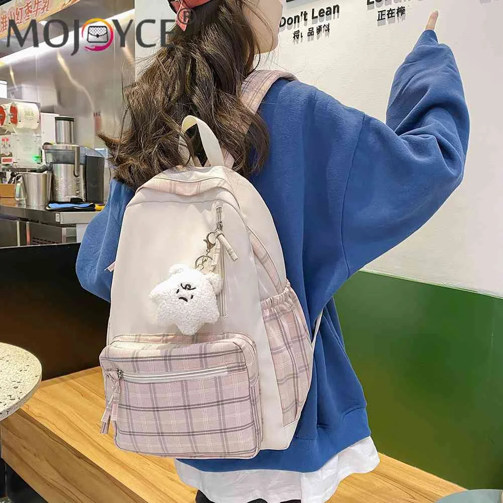 Nylon Plaid Backpack Teenagers Schoolbag Cartoon Pendant Travel