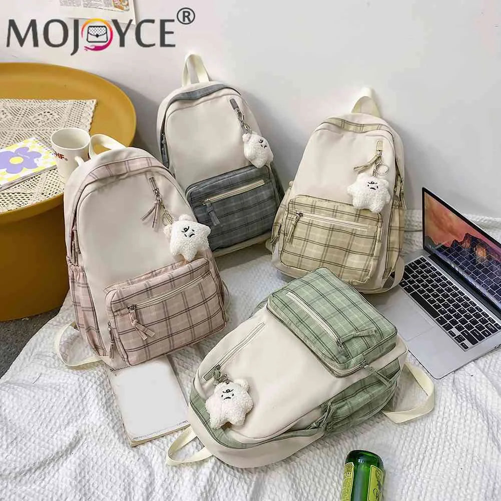 Nylon Plaid Backpack Teenagers Schoolbag Cartoon Pendant Travel