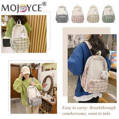 Nylon Plaid Backpack Teenagers Schoolbag Cartoon Pendant Travel