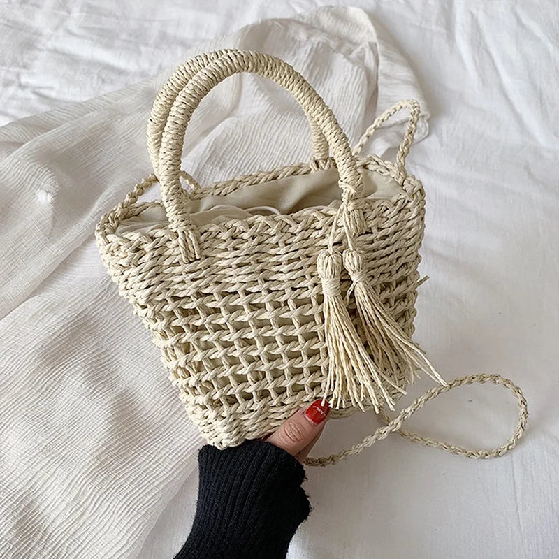 Hollow Braided Crossbody Shoulder Bag with Tassels and Bowknot Decor