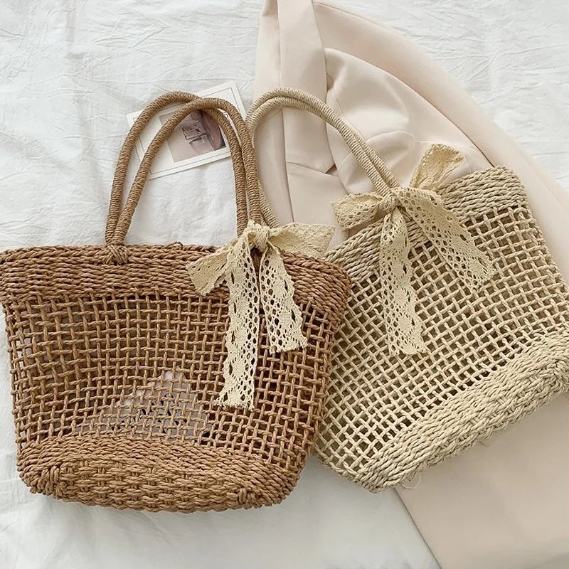 Hollow Braided Crossbody Shoulder Bag with Tassels and Bowknot Decor