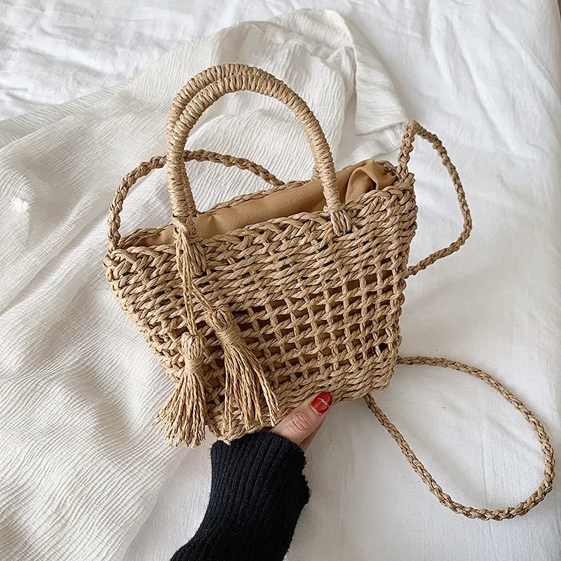 Hollow Braided Crossbody Shoulder Bag with Tassels and Bowknot Decor