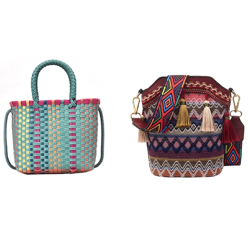 Summer Beach Bag Straw Lady Handbag & Women's Woven Shoulder Messenger Bag Red