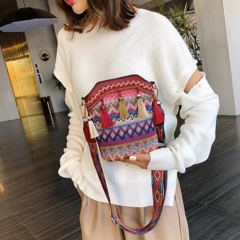 Summer Beach Bag Straw Lady Handbag & Women's Woven Shoulder Messenger Bag Red
