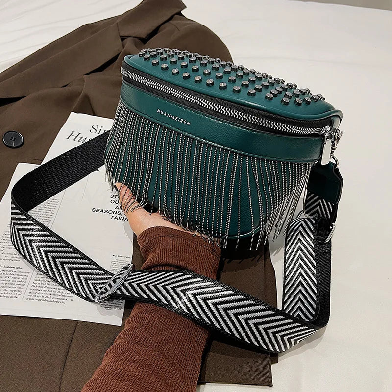 Tassel Leather Crossbody Chest Bag Women Waist Bag Casual Travel Pack