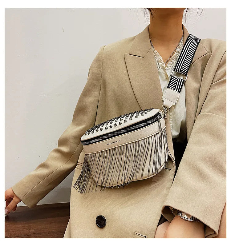 Tassel Leather Crossbody Chest Bag Women Waist Bag Casual Travel Pack