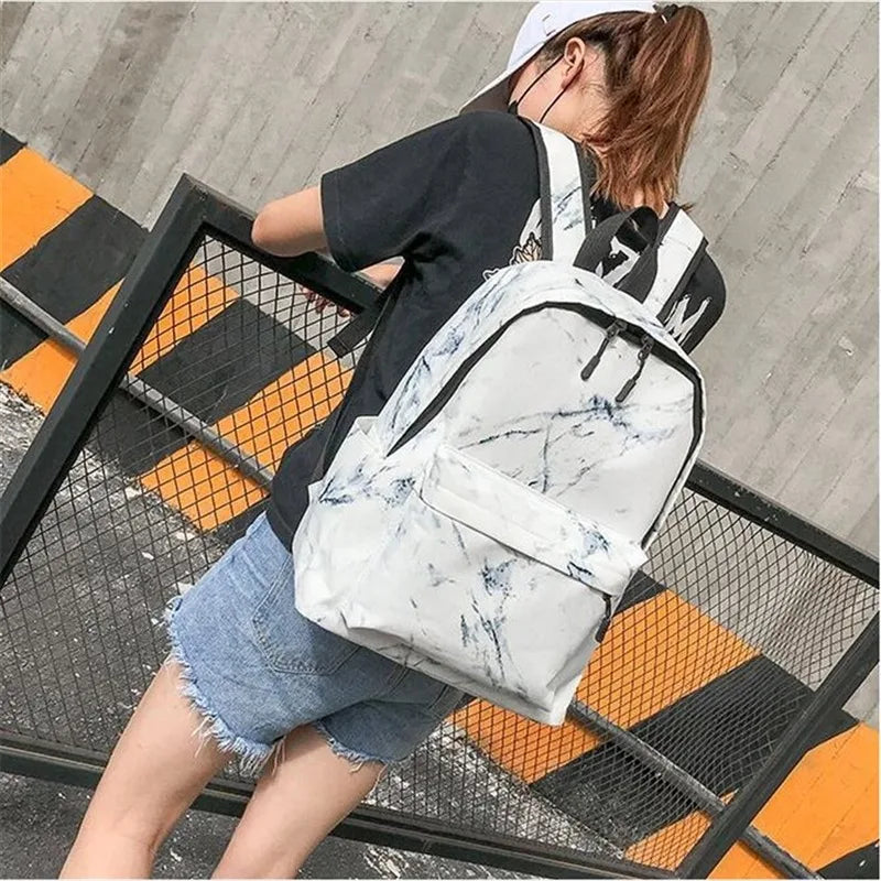 Teenager Backpack Marble Print Rucksack Canvas Shoulder School Backpack