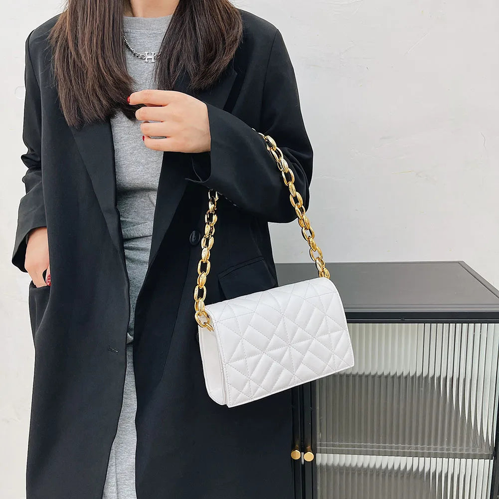 Geometric Embossed Chain Shoulder Bag Women Small Flap Purse Handbag