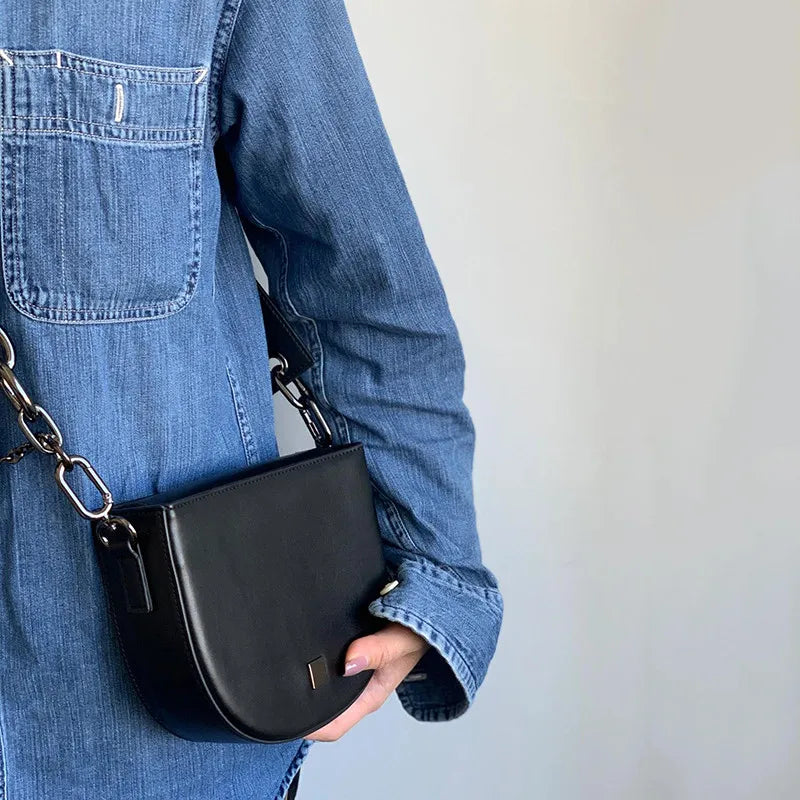 Women's Thick Chain Saddle Bag Shoulder Messenger PU Leather Chain Sling Bag