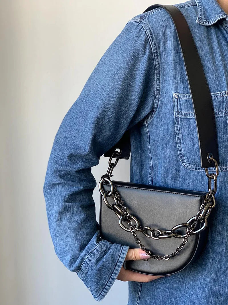 Women's Thick Chain Saddle Bag Shoulder Messenger PU Leather Chain Sling Bag