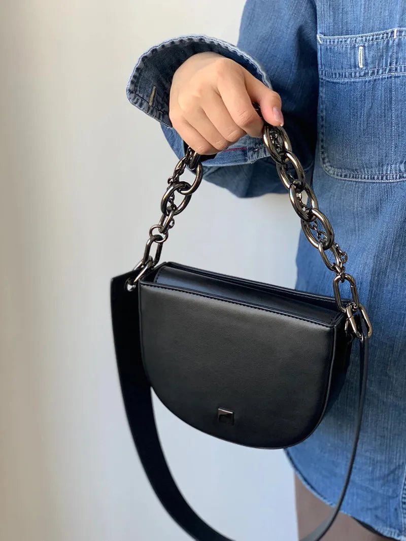 Women's Thick Chain Saddle Bag Shoulder Messenger PU Leather Chain Sling Bag