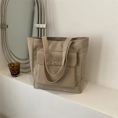 Canvas Tote Bag Women Large Capacity Shoulder Handbag Multiple Pockets