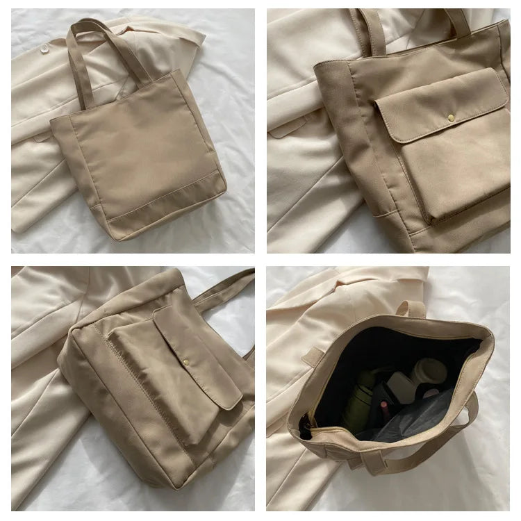 Canvas Tote Bag Women Large Capacity Shoulder Handbag Multiple Pockets