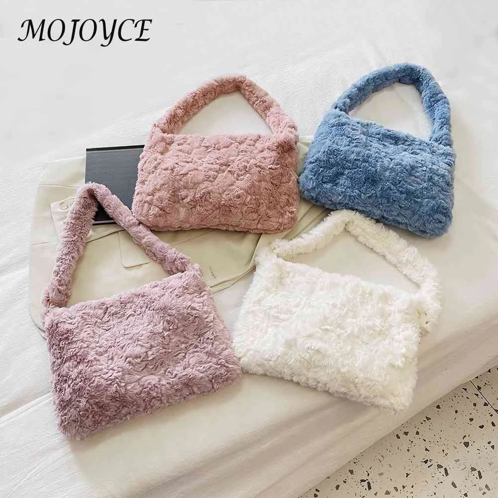 Retro Warm Fluffy Tote Purse for Women Soft Plush Zipper Small