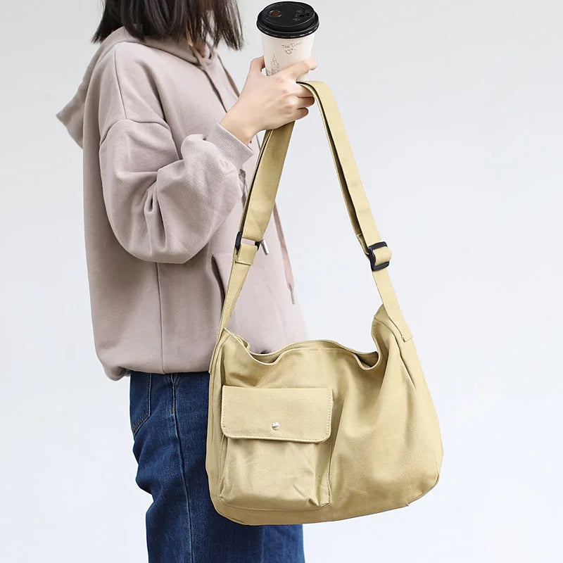 Causal Women Canvas Shoulder Bag Solid Large Student Shopping Bag