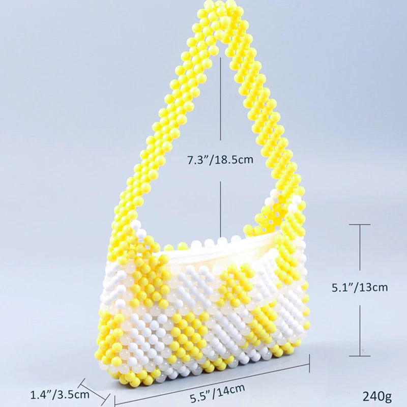 Yellow Plaid Beaded Armpit Bag Acrylic Handbag
