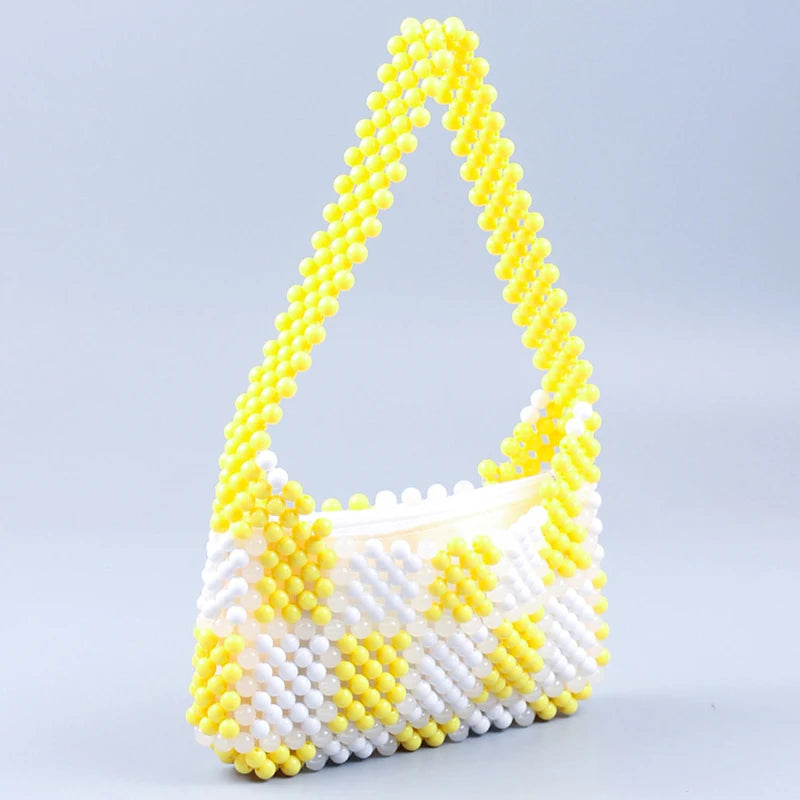 Yellow Plaid Beaded Armpit Bag Acrylic Handbag