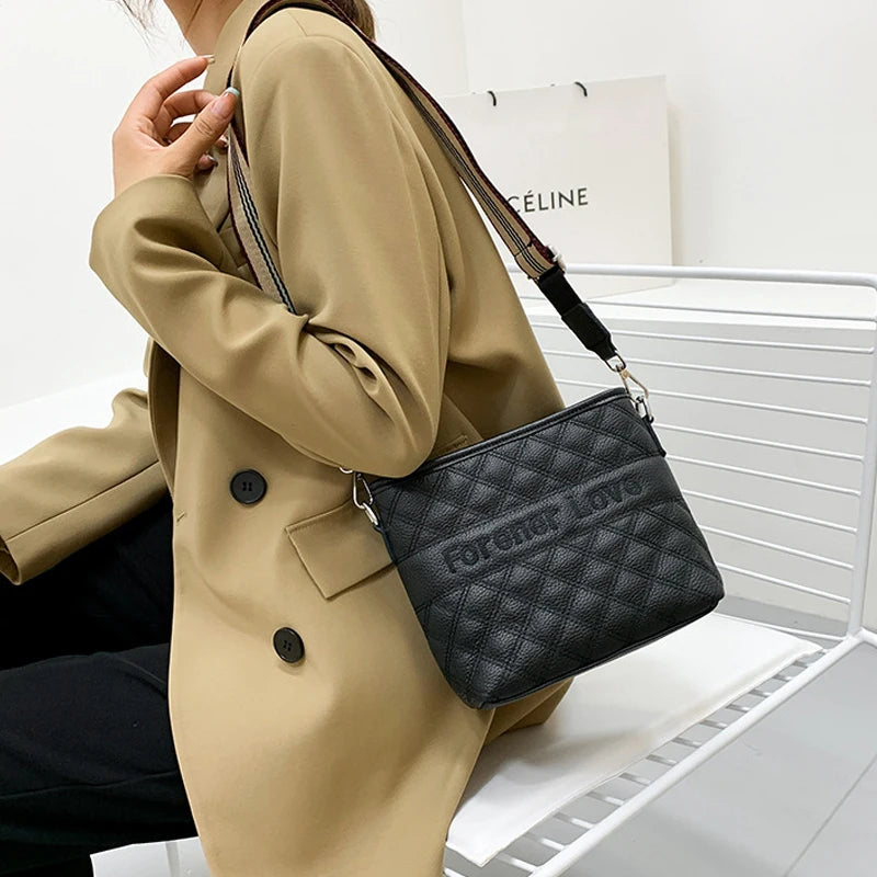 Plaid Leather Bucket Shoulder Messenger Bag for Women