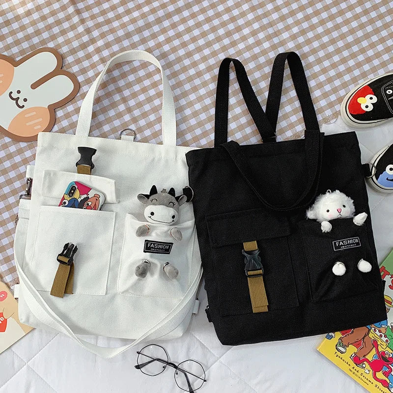 Canvas Shoulder Bag Bear Student Messenger Bag Zipper Handbags Tote Bag