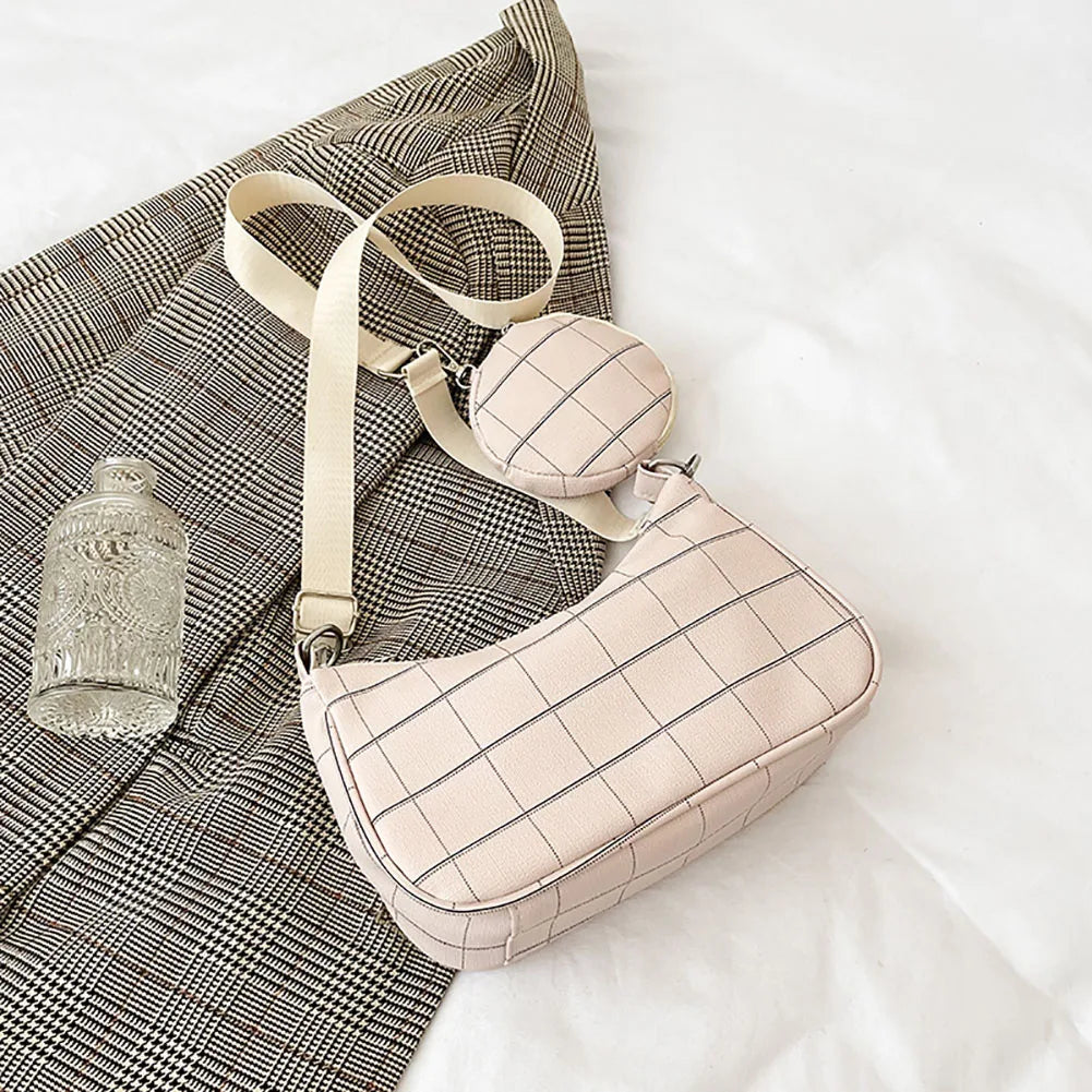 Vintage Plaid Shoulder Bags and Mini Round Purse Set