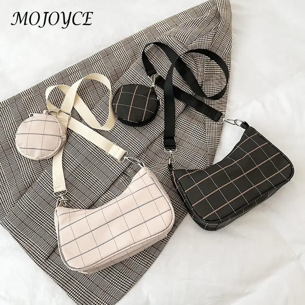 Vintage Plaid Shoulder Bags and Mini Round Purse Set